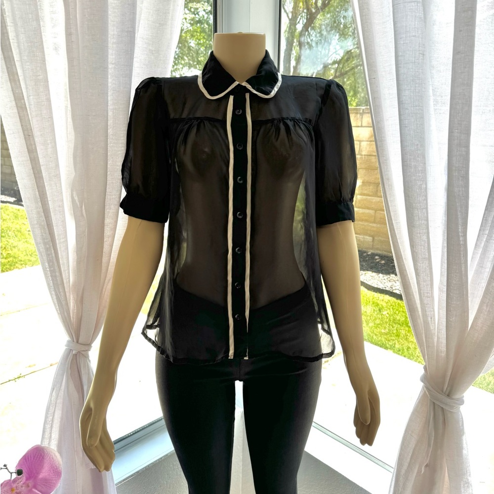 dmbm Women’s Black Sheer Short Puff Sleeve Blouse Size M Medium Button Up Retro